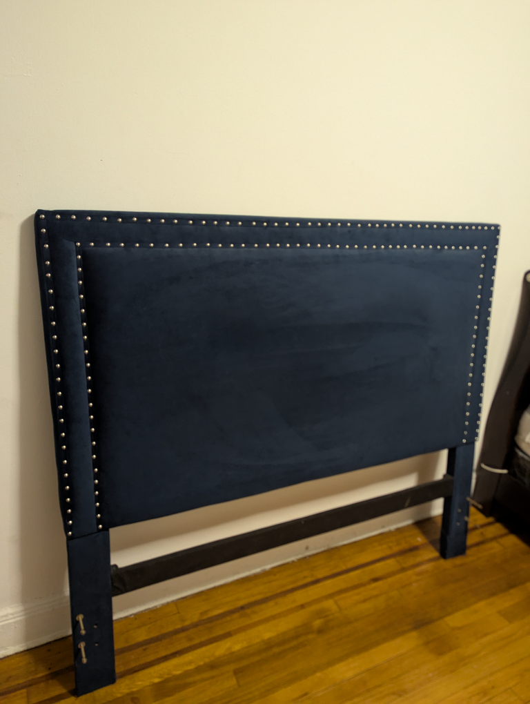 Navy Blue Velvet Headboard with Silver Nailhead Trim - photo 3