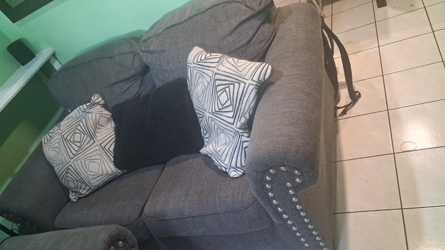 Gray Fabric Loveseat with Decorative Pillows