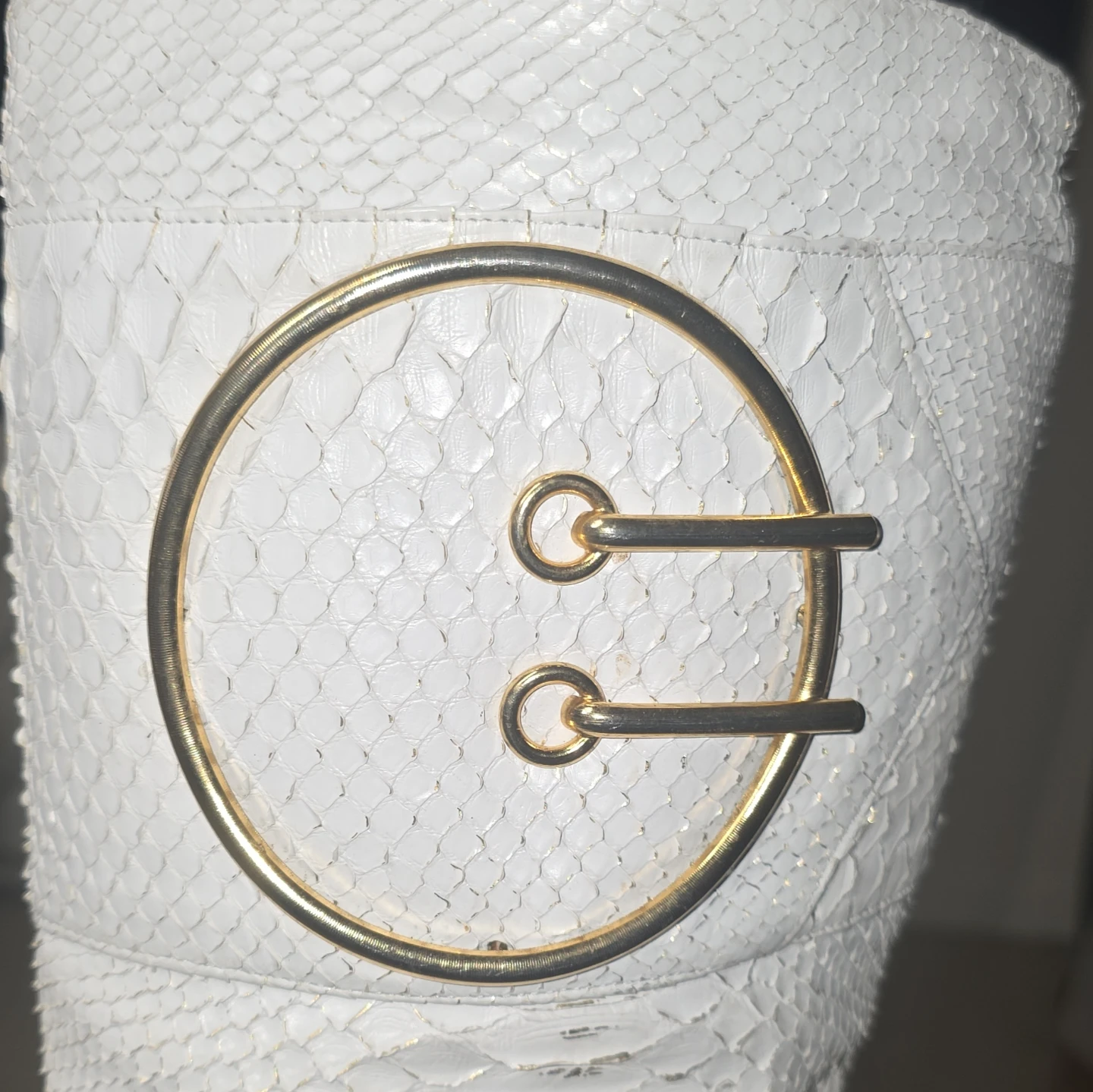 White Snake Print Knee-High Boots with Gold Buckle Detail