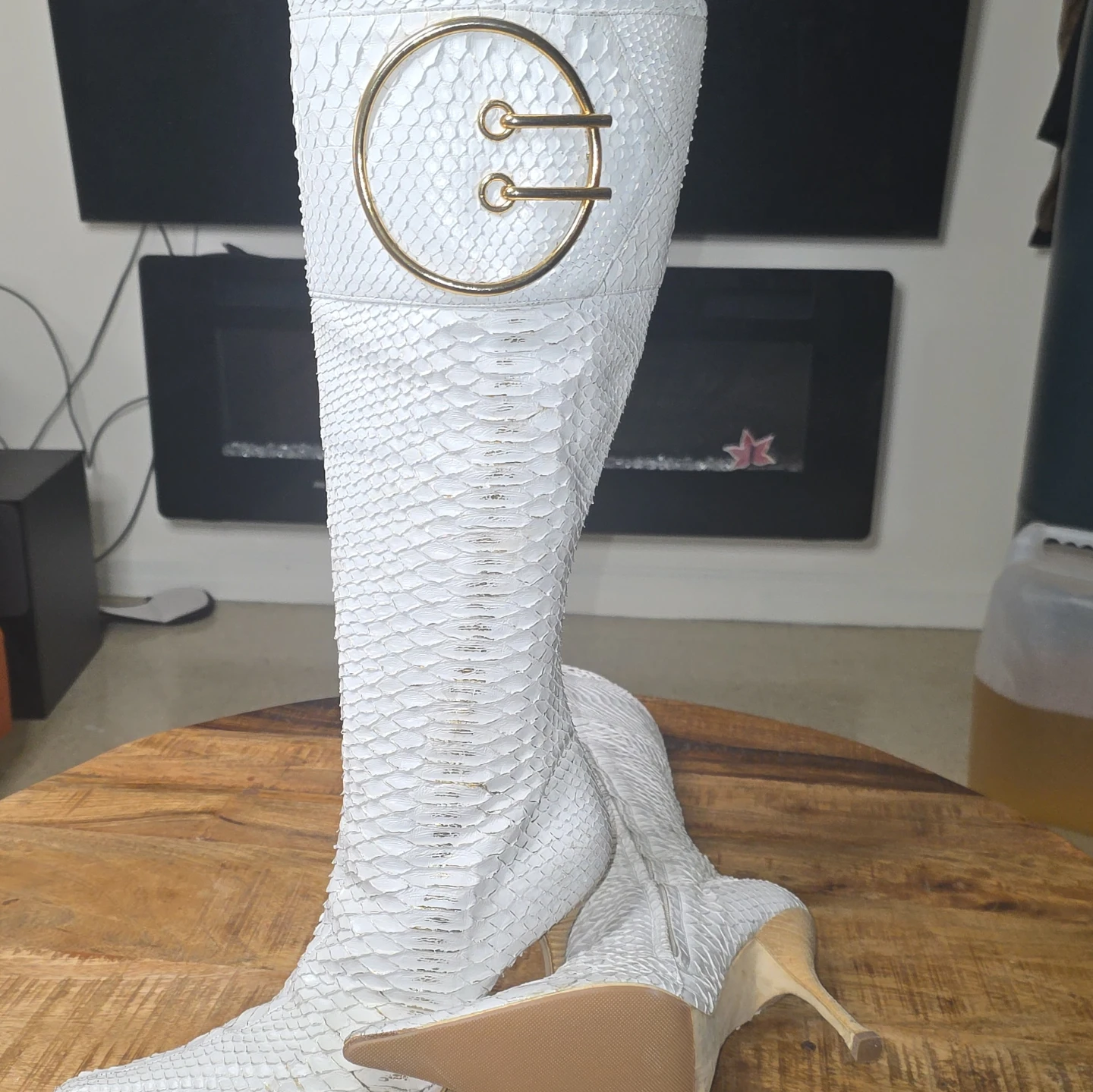White Snake Print Knee-High Boots with Gold Buckle Detail - photo 2