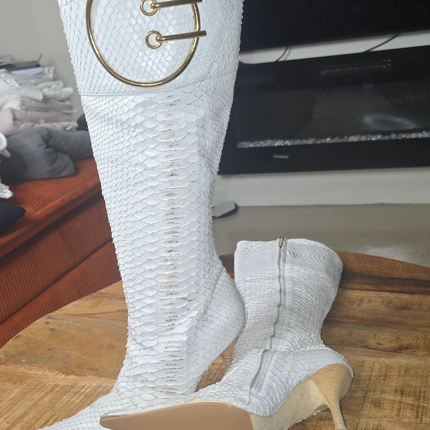 White Snake Print Knee-High Boots with Gold Buckle Detail - photo 3