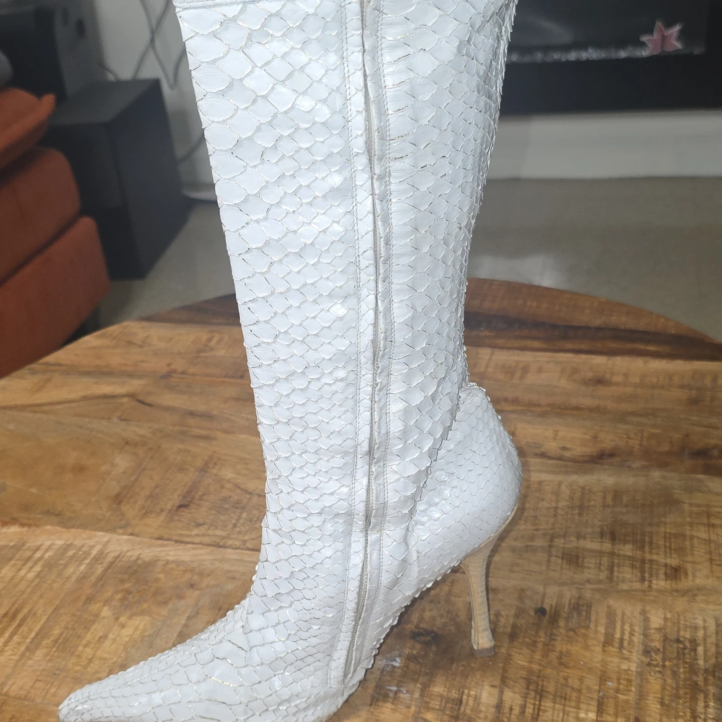 White Snake Print Knee-High Boots with Gold Buckle Detail - photo 4