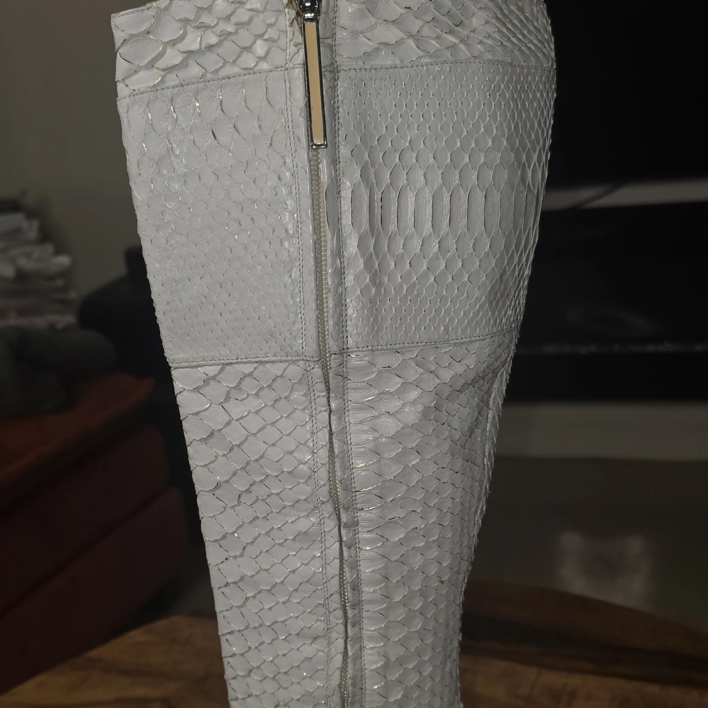 White Snake Print Knee-High Boots with Gold Buckle Detail - photo 5