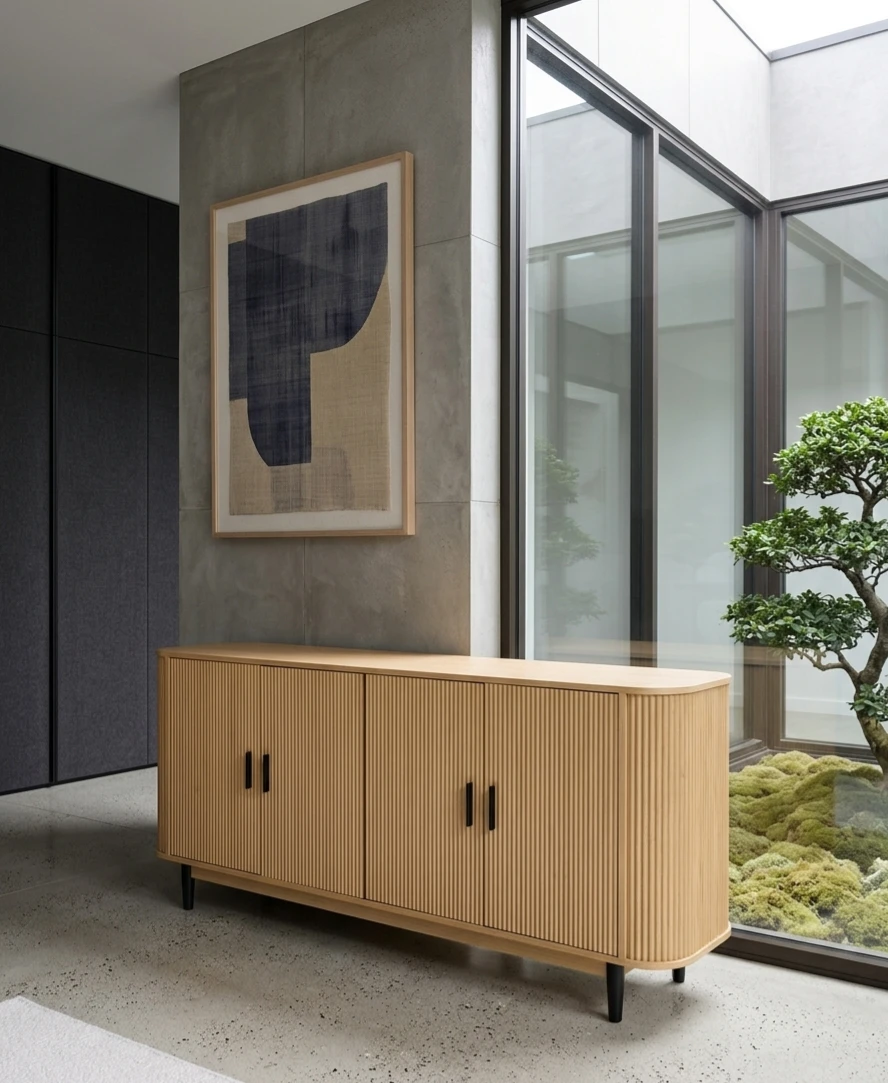 Wooden Ribbed Sideboard with Black Handles
