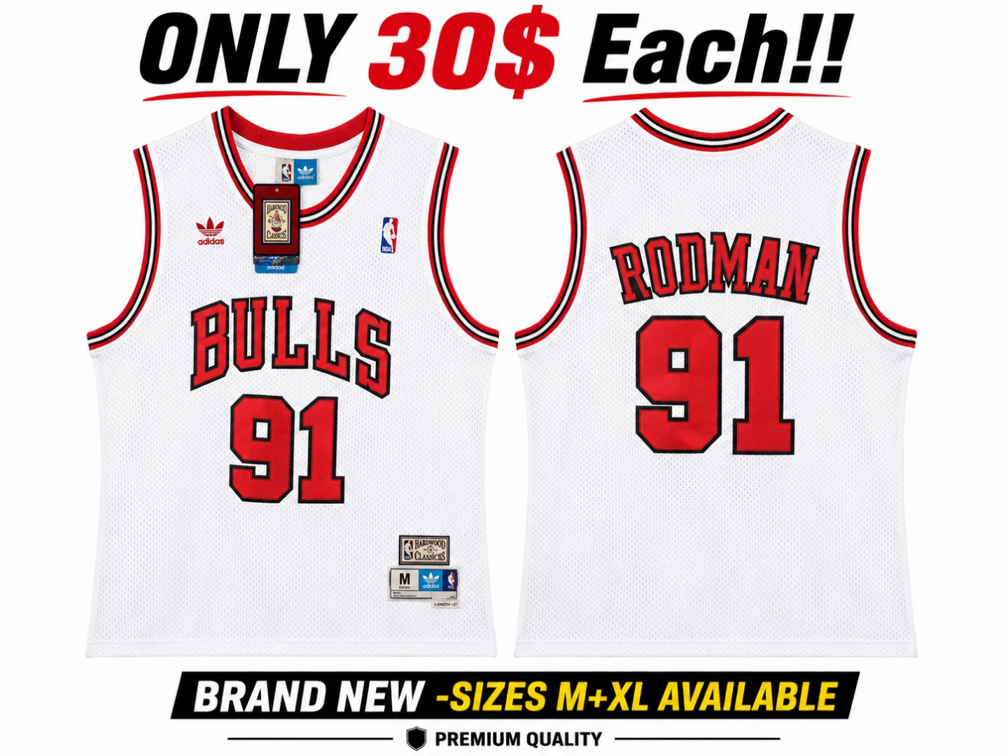 M+XL Adidas Dennis Rodman Chicago Bulls 91 Jersey