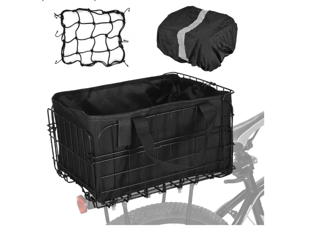 Foldable Bike Cargo Basket with Rainproof Cover and Cargo Net