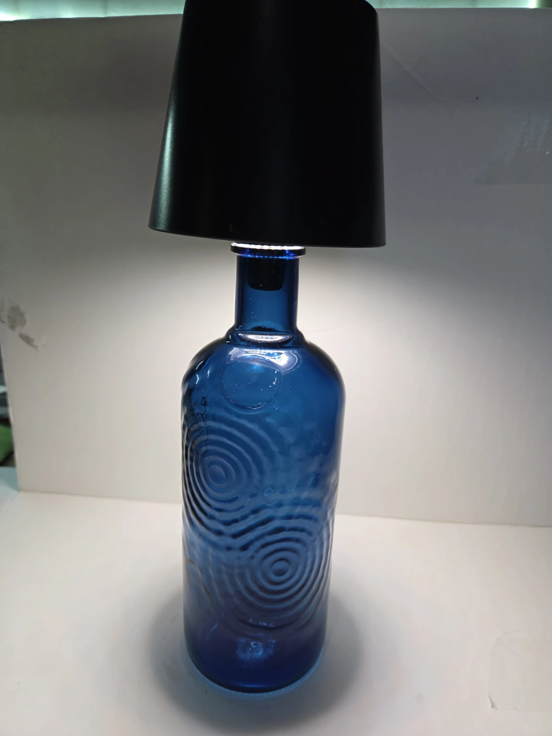 Blue Bottle Table Lamp with Black Shade