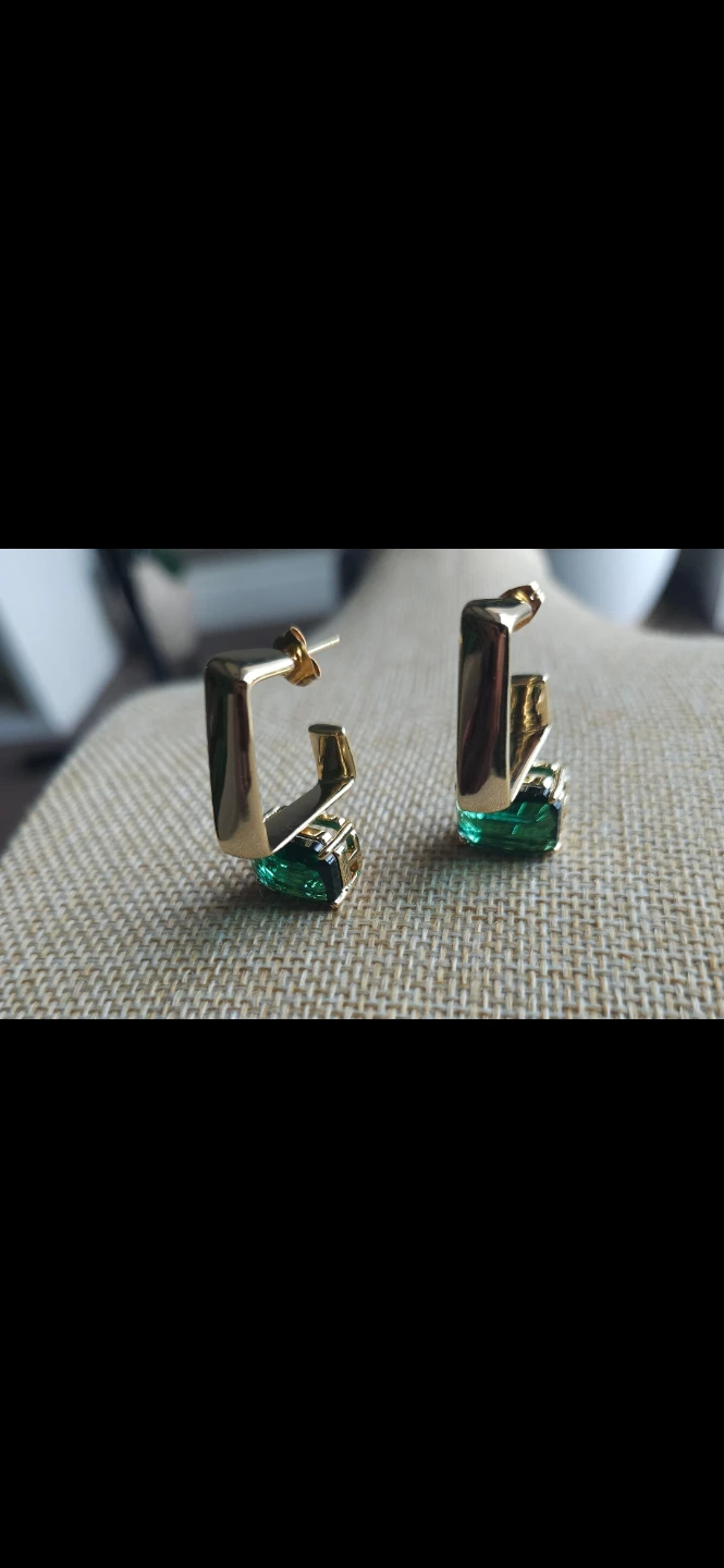 Gold Square Hoop Earrings with Emerald Green Marquise Cut Stones - photo 2