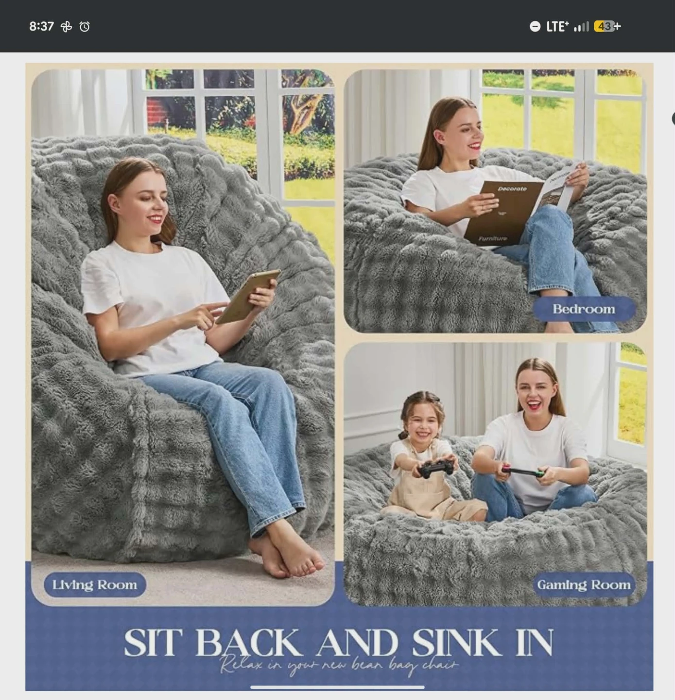 Grey Bean Bag Chair/ Bed - 50" x 24" - photo 3