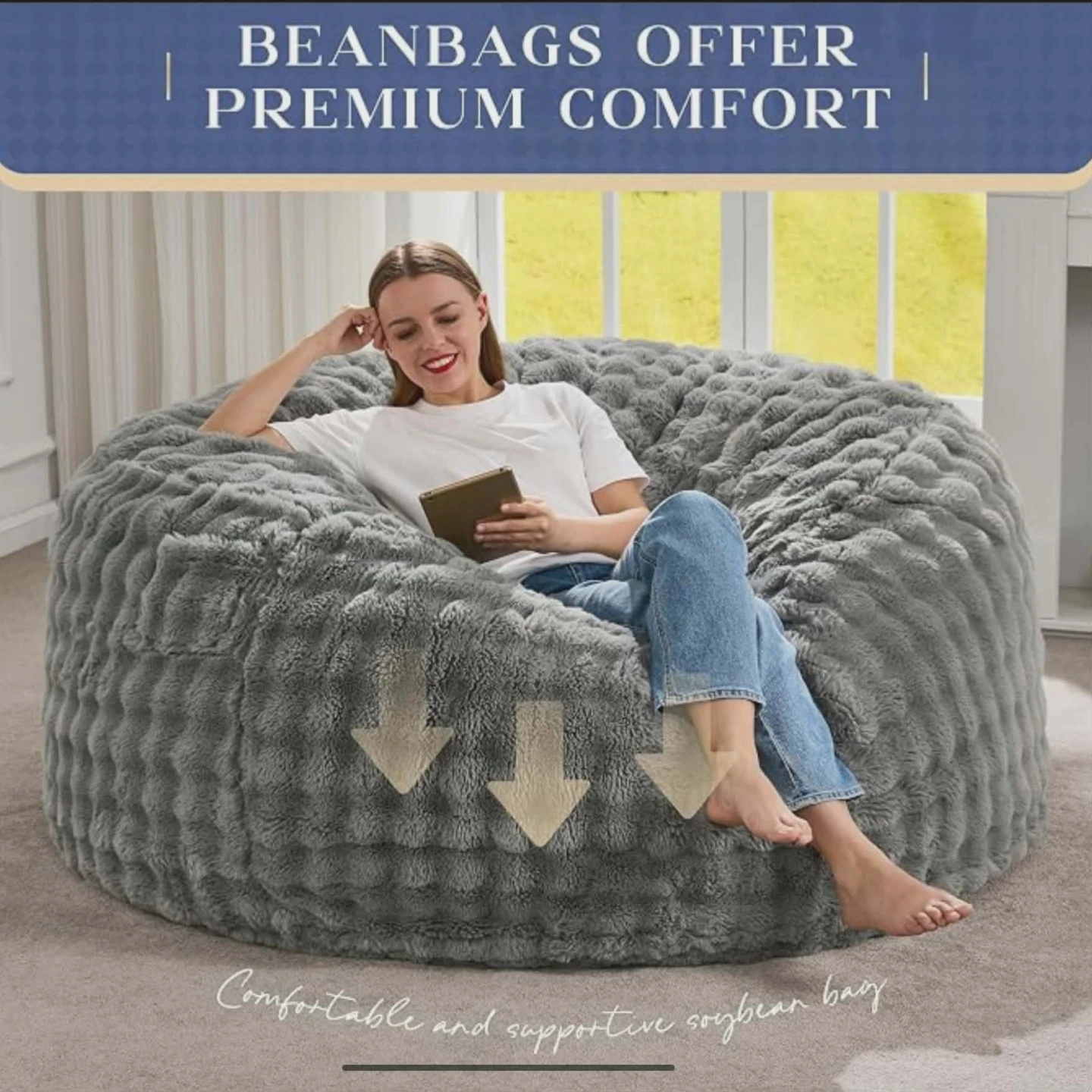 Grey Bean Bag Chair/ Bed - 50" x 24" - photo 4
