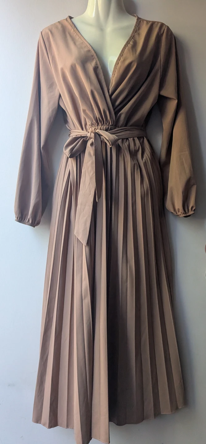 Tan Pleated Midi Dress with Belt sz MEDIUM