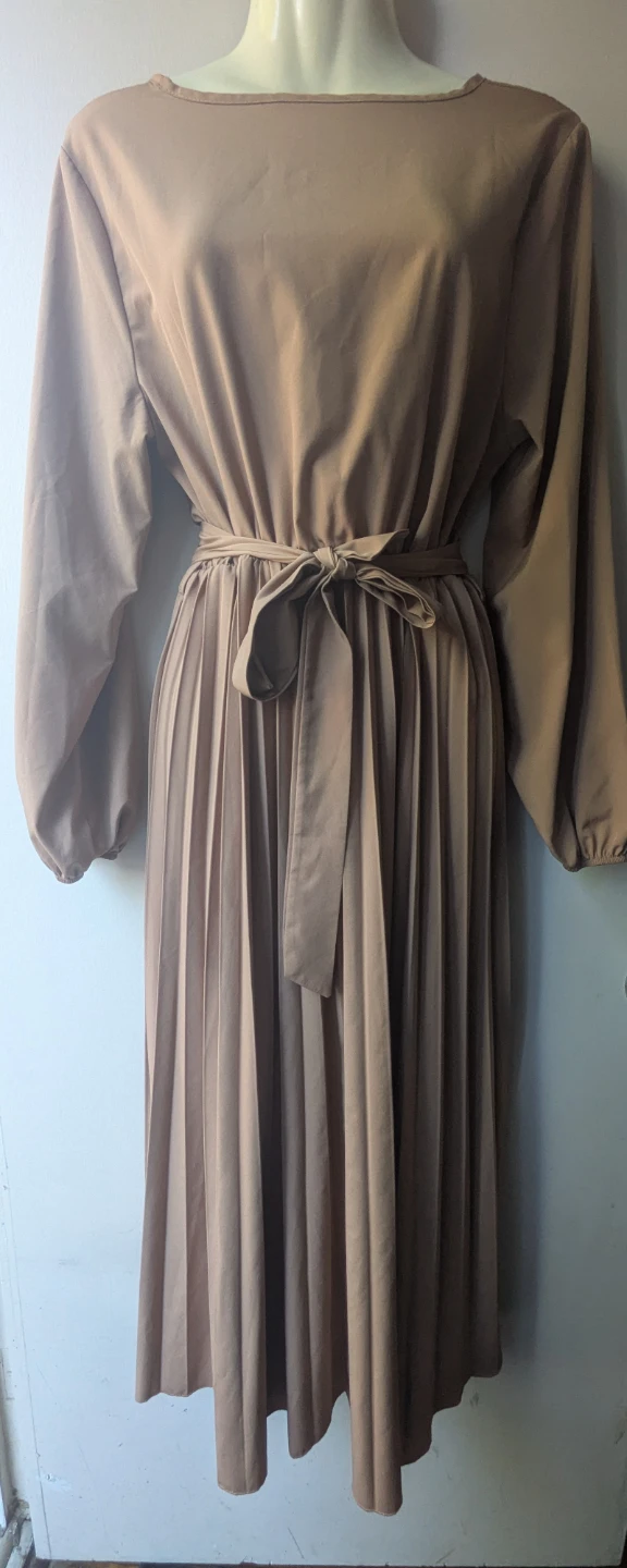 Tan Pleated Midi Dress with Belt sz MEDIUM - photo 2