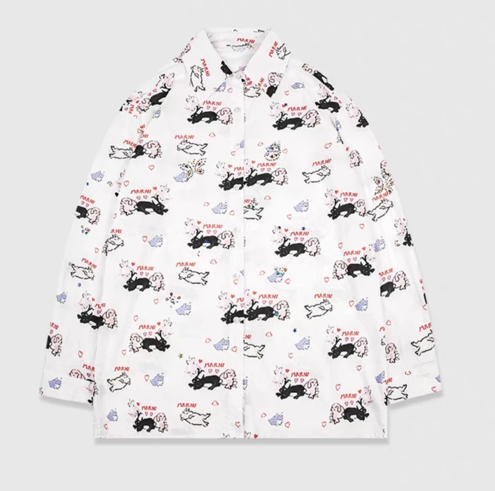 MARNI White Bunny Print Short Sleeve Button-Up Shirt - photo 4