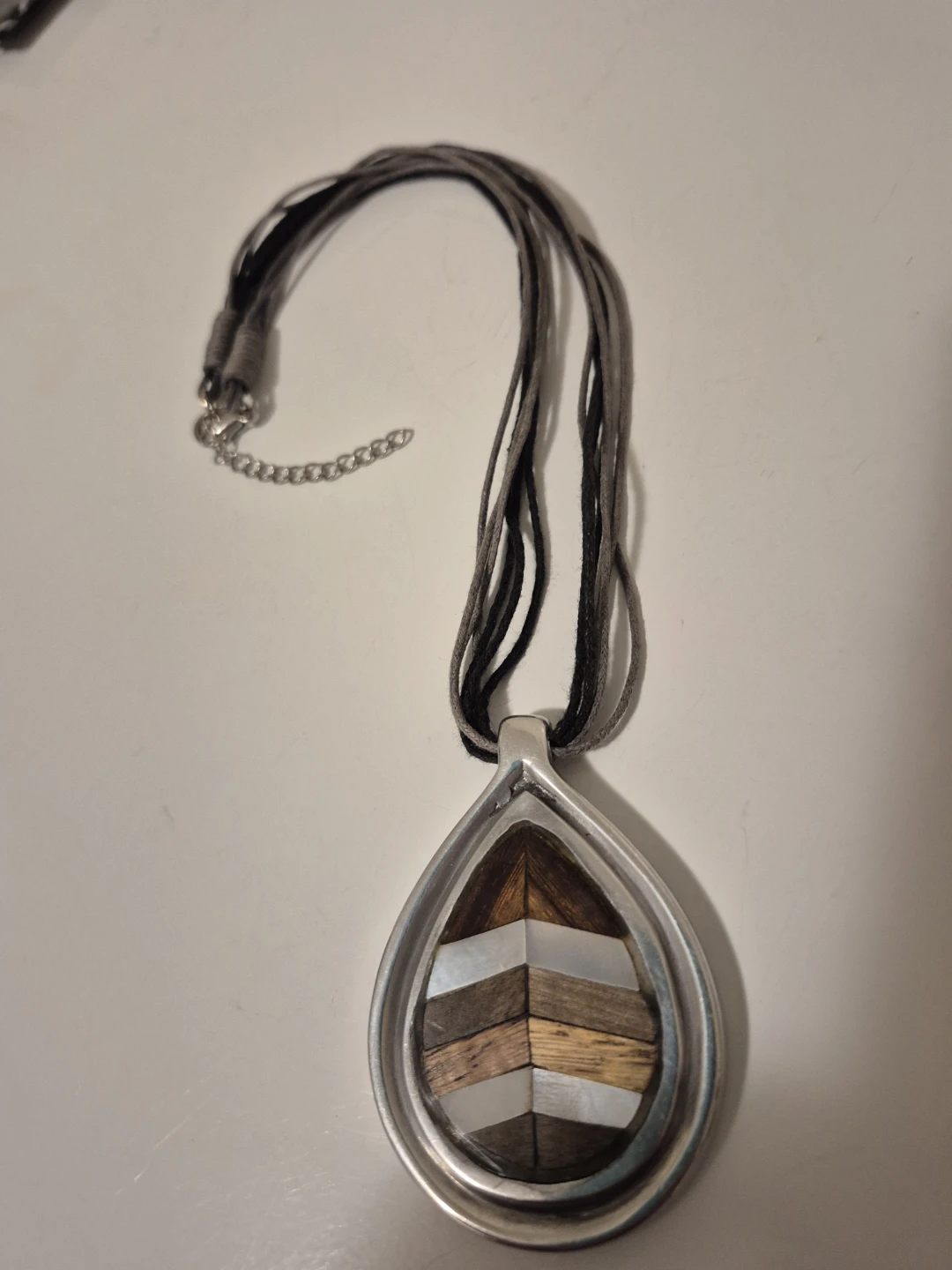 Teardrop pendant necklace with wood inlay