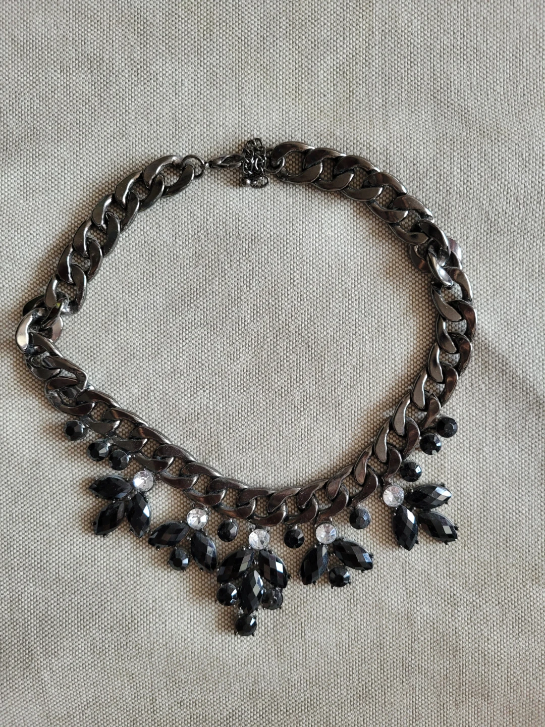 Chunky Chain Statement Necklace with Black and Clear Gems