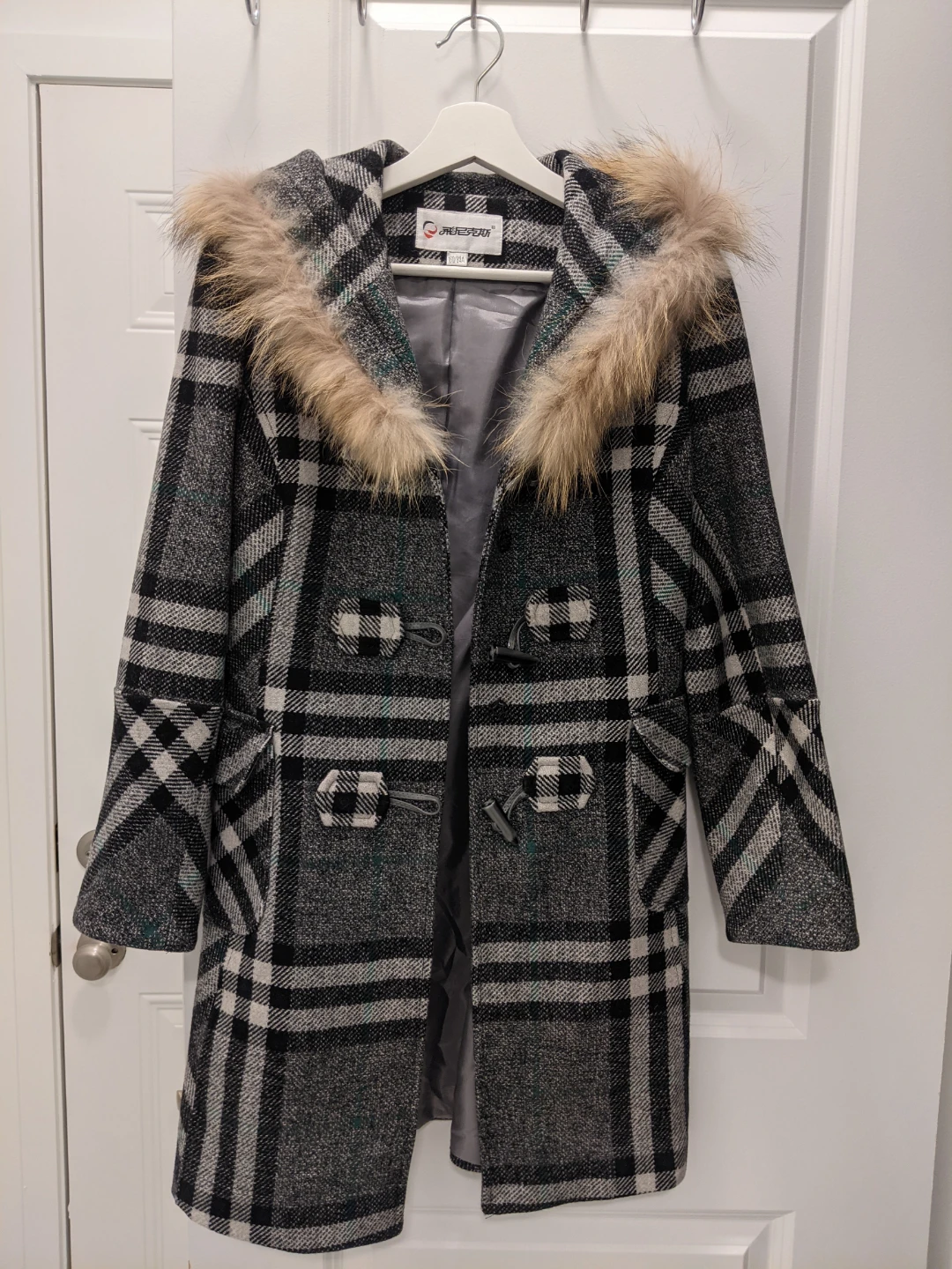 Plaid Hooded Wool Blend Toggle Duffle Coat Faux Fur Trim
