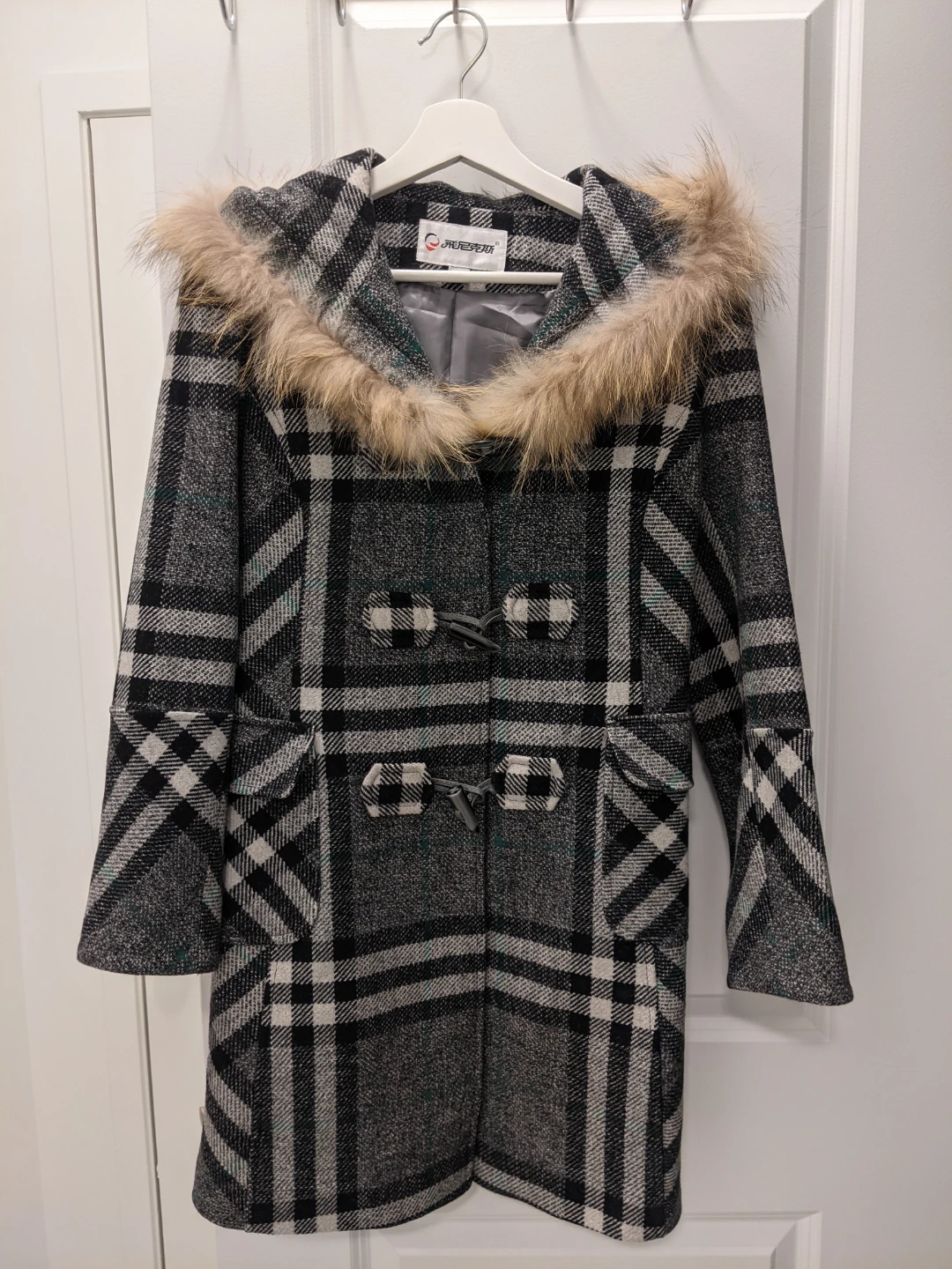 Plaid Hooded Wool Blend Toggle Duffle Coat Faux Fur Trim - photo 2