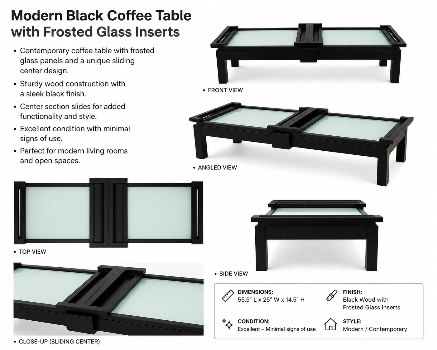 Modern Black Coffee Table with Frosted Glass Inserts - photo 2