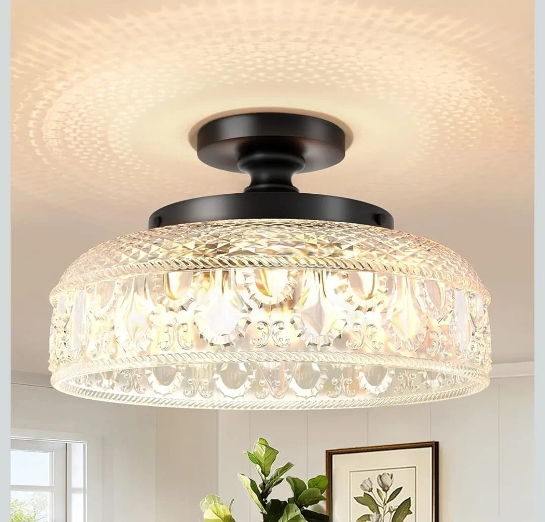 Flush Mount Ceiling Light Fixture with Crystal Glass Shade