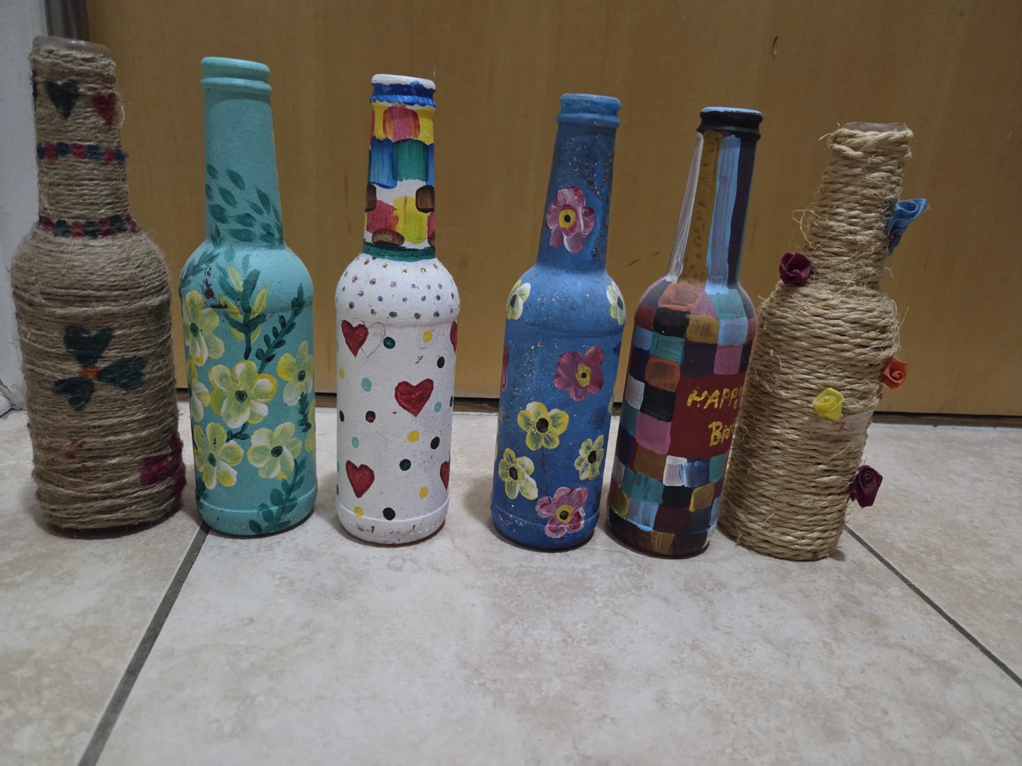 Set of 6 Hand-Painted Decorative Bottles