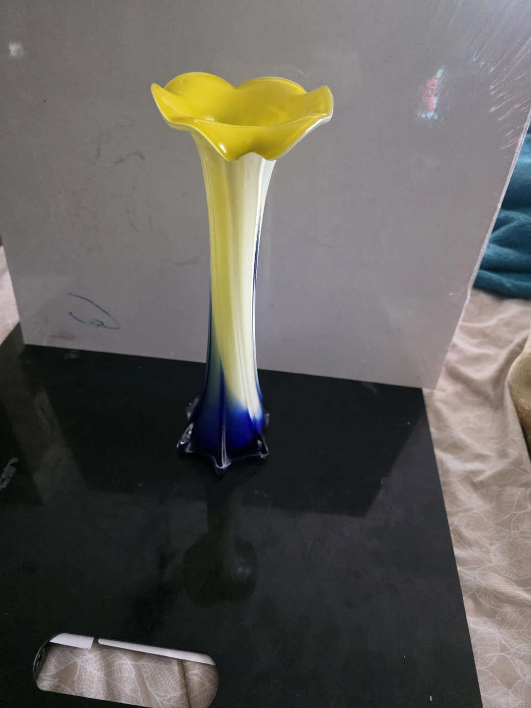 Blown Glass Vase Yellow, Blue and White