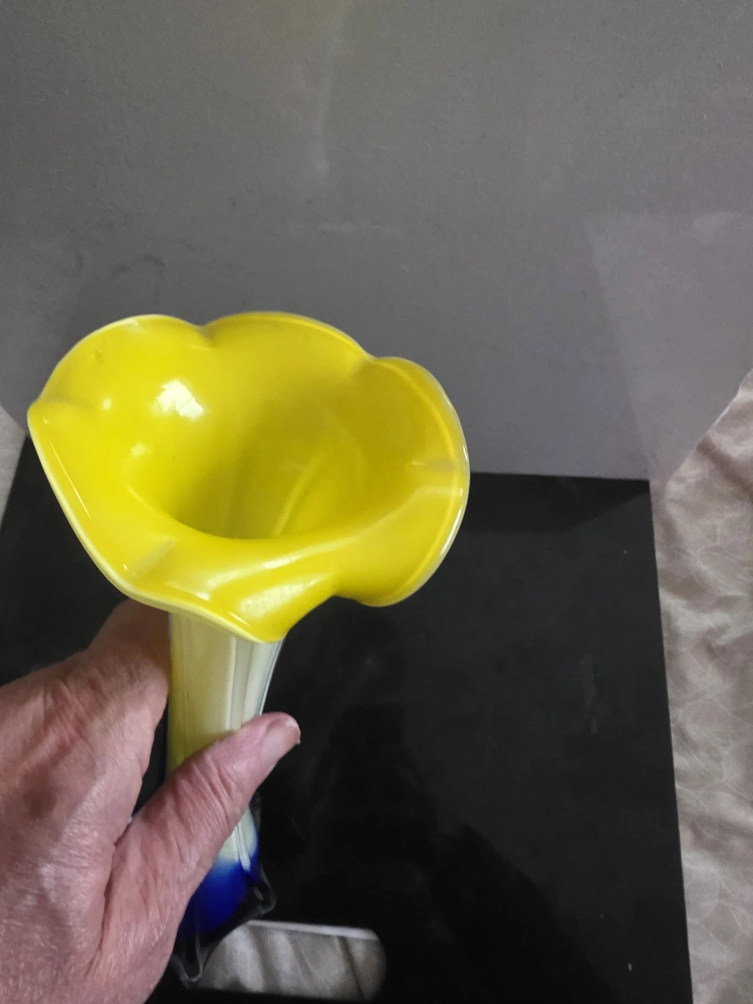 Blown Glass Vase Yellow, Blue and White - photo 2