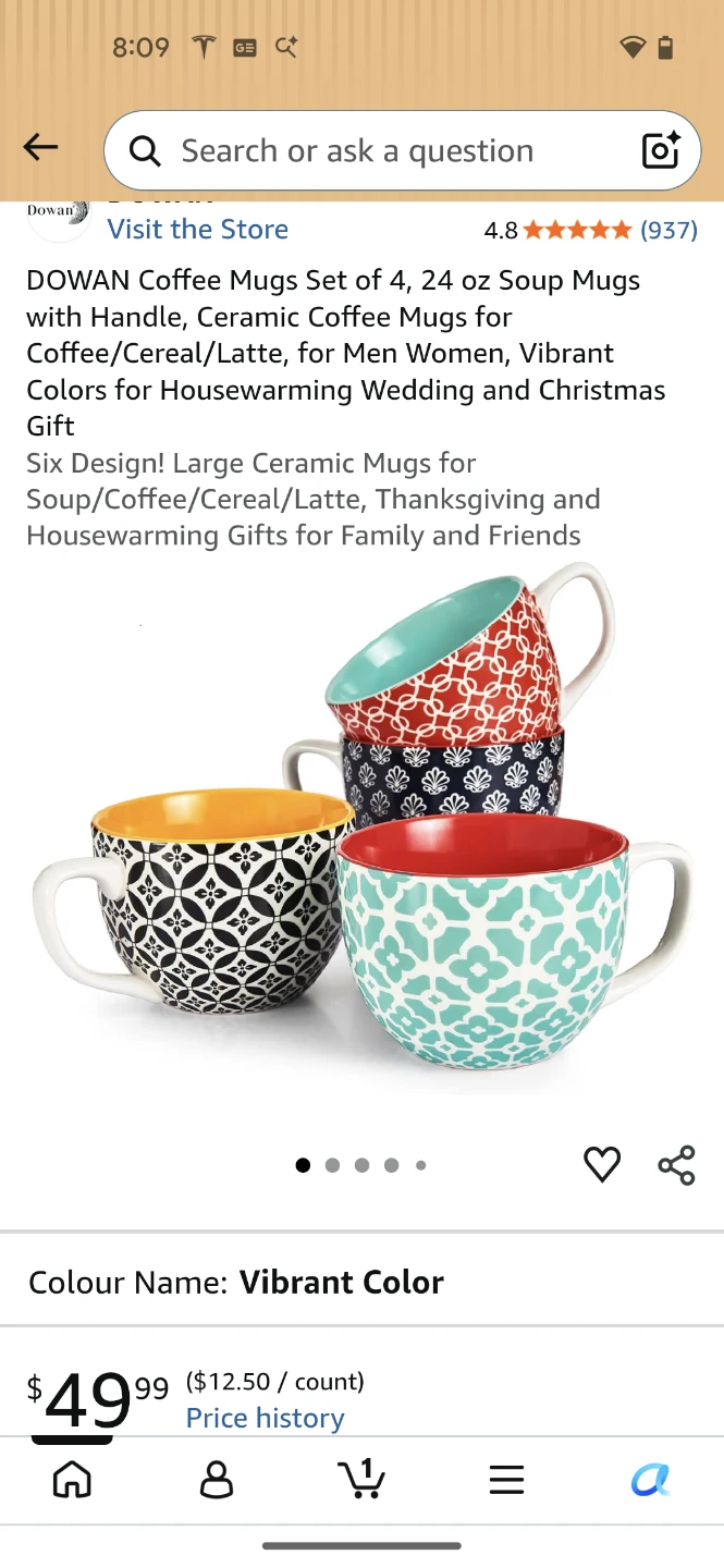 DOWAN Coffee Mugs Set of 4, 24 oz Soup Mugs with Handle