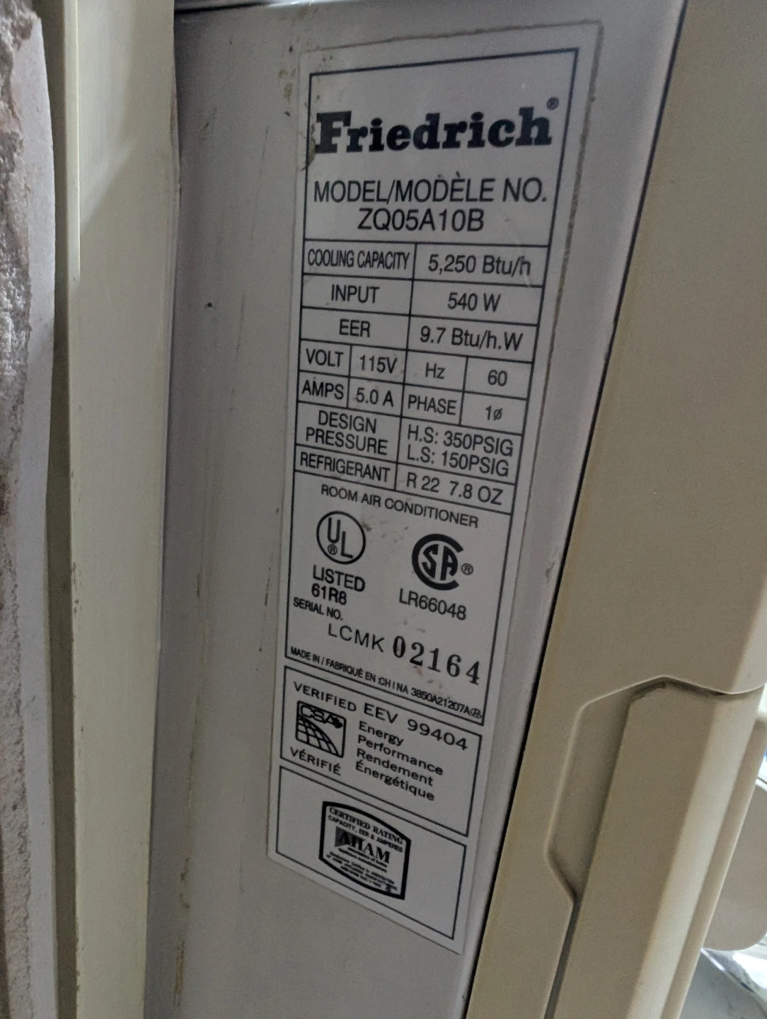 Friedrich Air Conditioner ZQ05A10B - photo 3