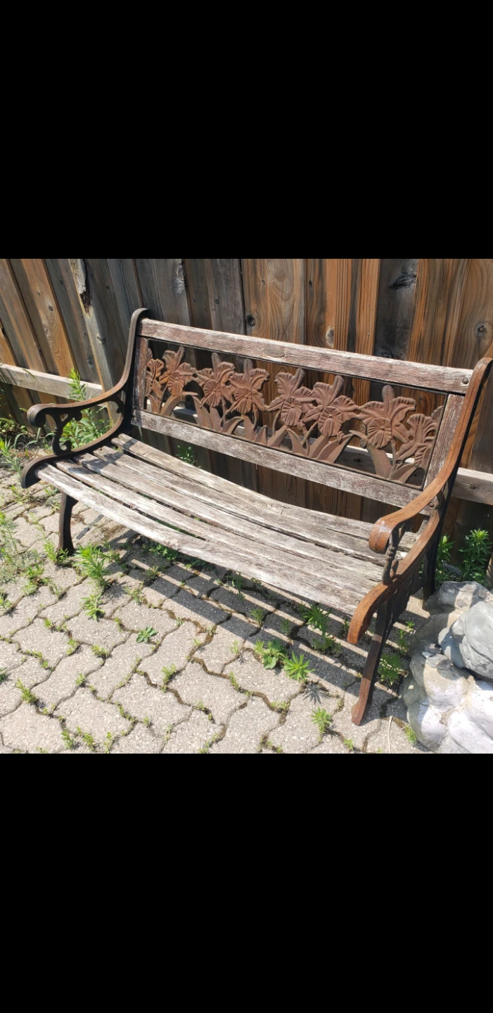 Cast Iron and Wood Garden Bench with Floral Back