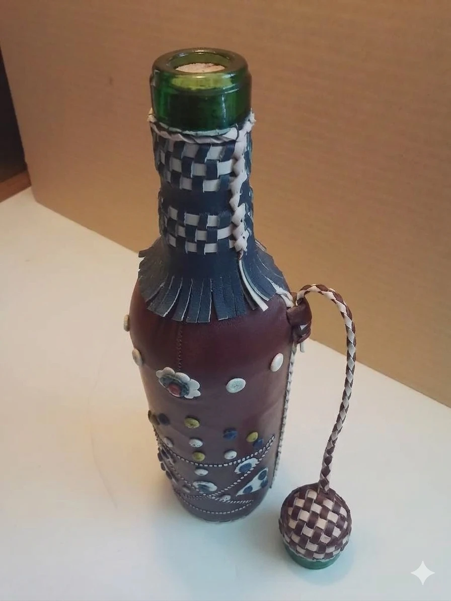 Vintage Yugoslavian Folk Art Leather-Wrapped Glass Decanter - photo 2