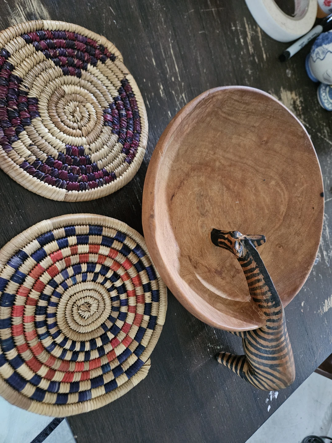 Set of 2 Woven Coasters and Wooden Bowl with Zebra Accent