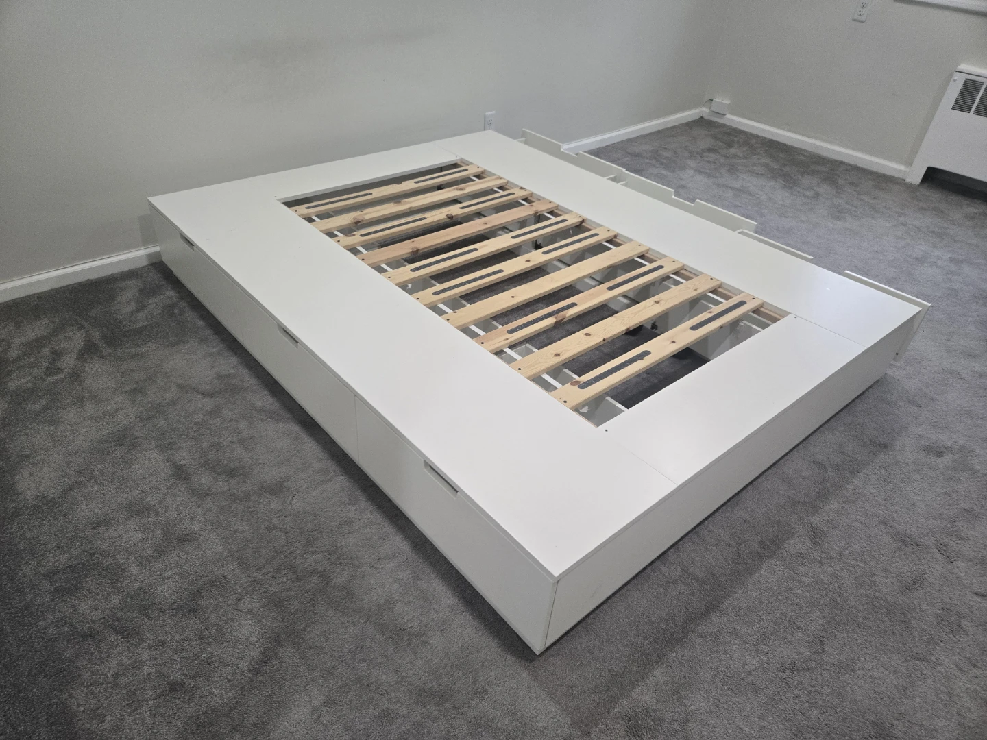 Queens size bed frame with six drawers