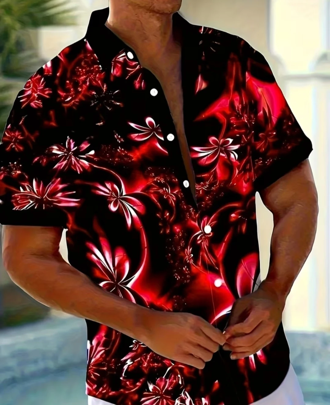 Men's Short Sleeve Floral Print Button-Up Shirt