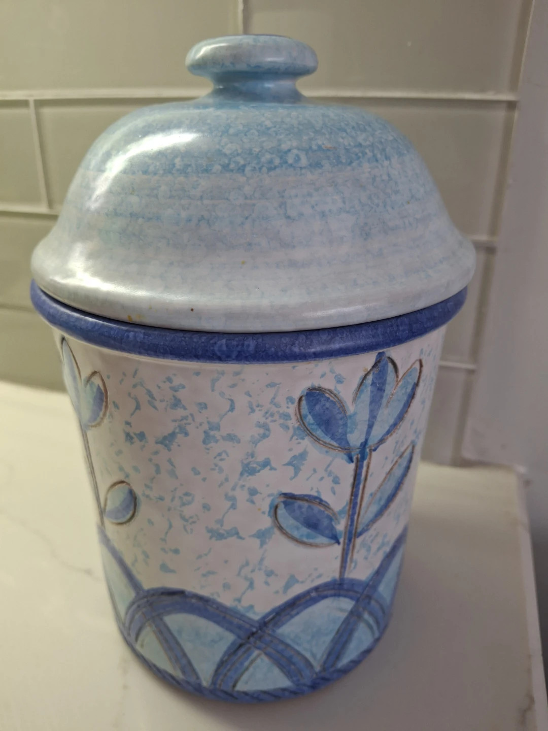 Vintage Seafoam Green Jar Retro Flower Pattern Lidded Pottery