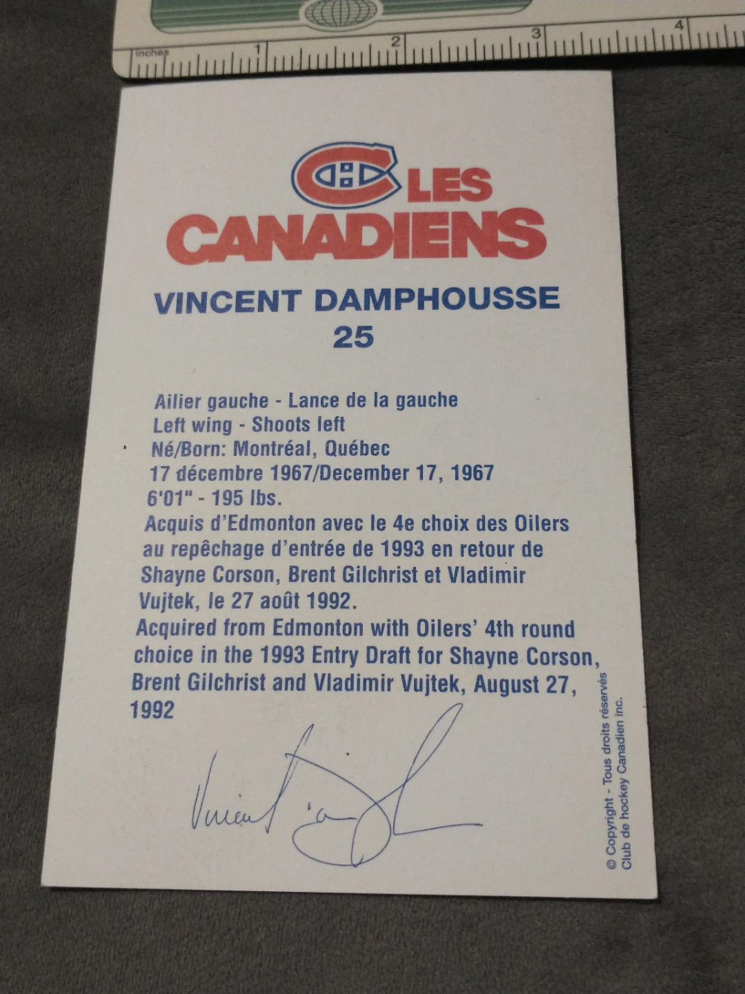 NHL Montreal Canadiens Vincent Damphousse Team Postcard - photo 3