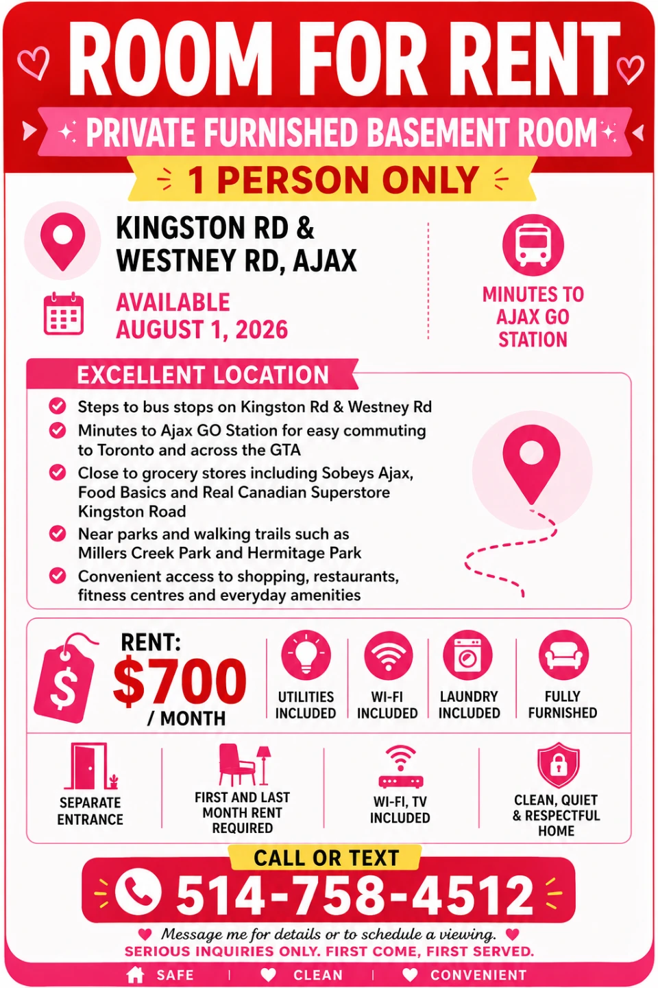 Private Furnished Basement Room for Rent in Ajax