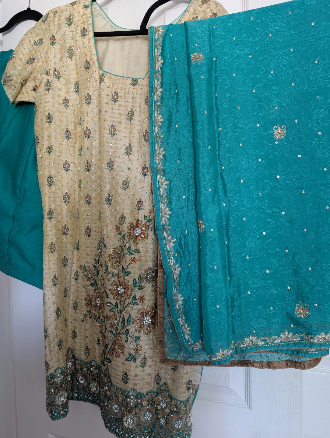 Cream Embroidered Punjabi Suit with Teal Dupatta