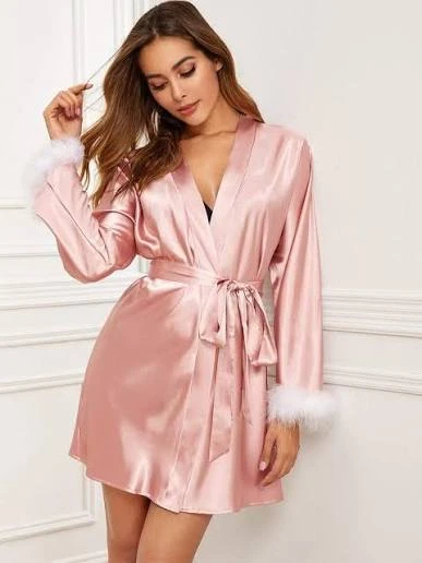 Pink Satin Robe with Feather Trim