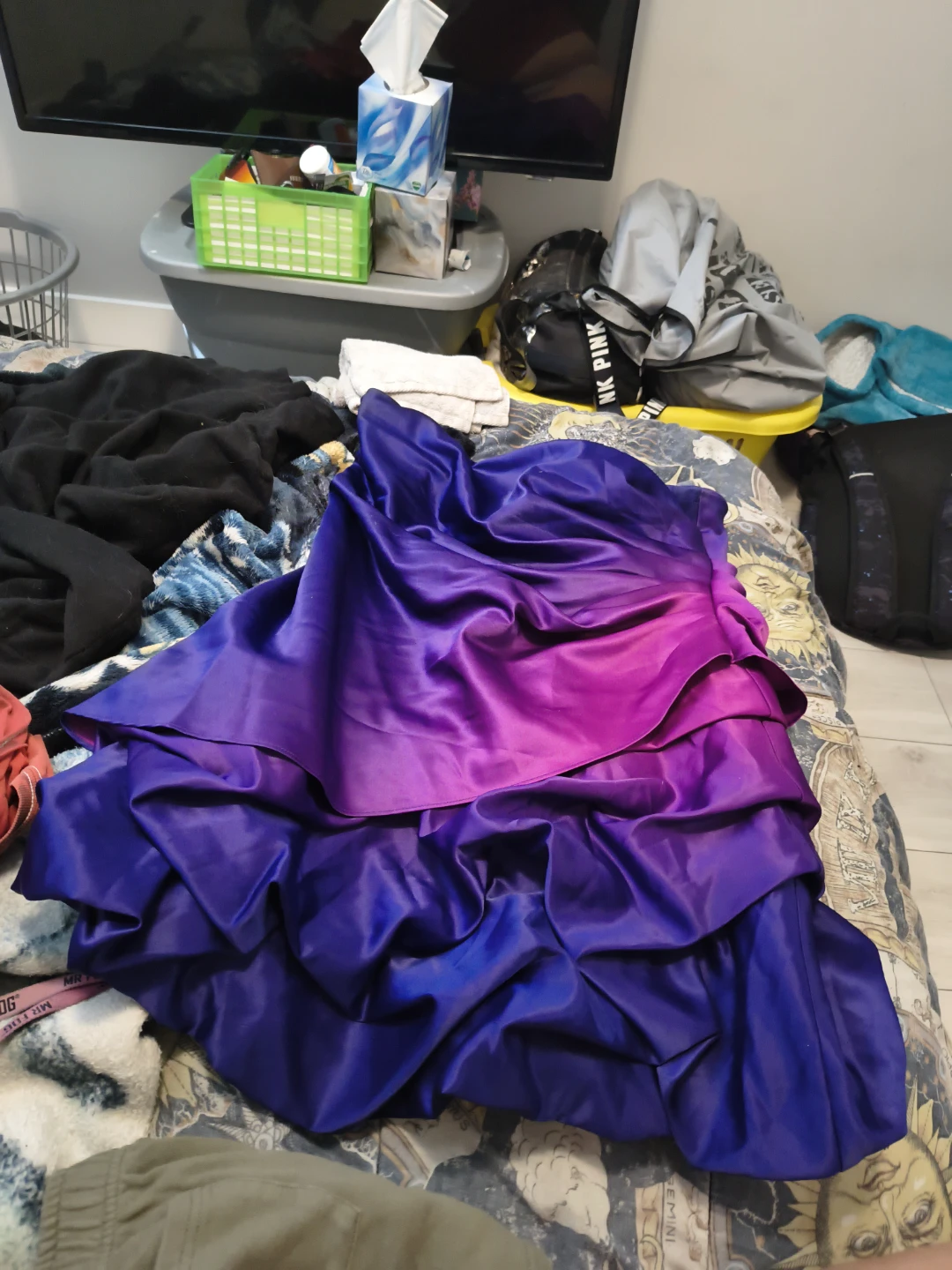 Purple and pink ombre ruffled strapless dress
