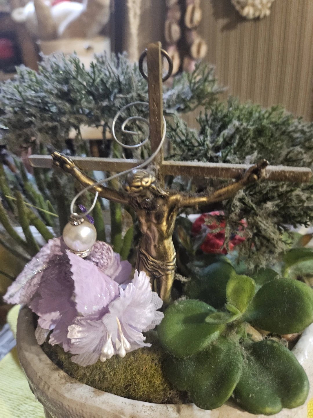Decorative planter with crucifix and faux plants - photo 3