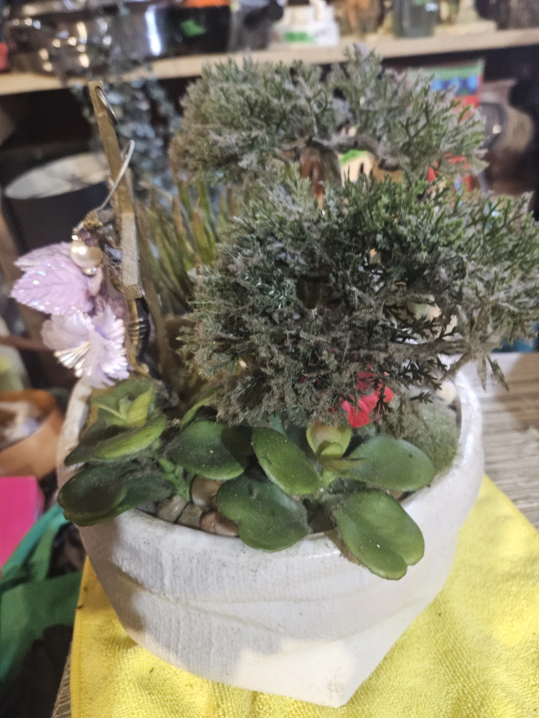 Decorative planter with crucifix and faux plants - photo 4