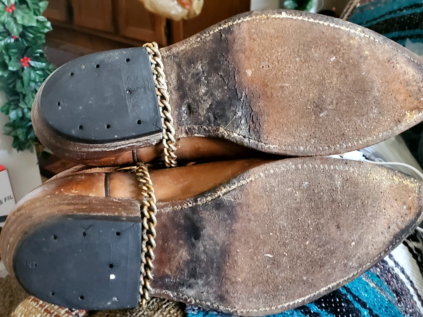 Brown Leather Cowboy Boots with Chain Detail - photo 3