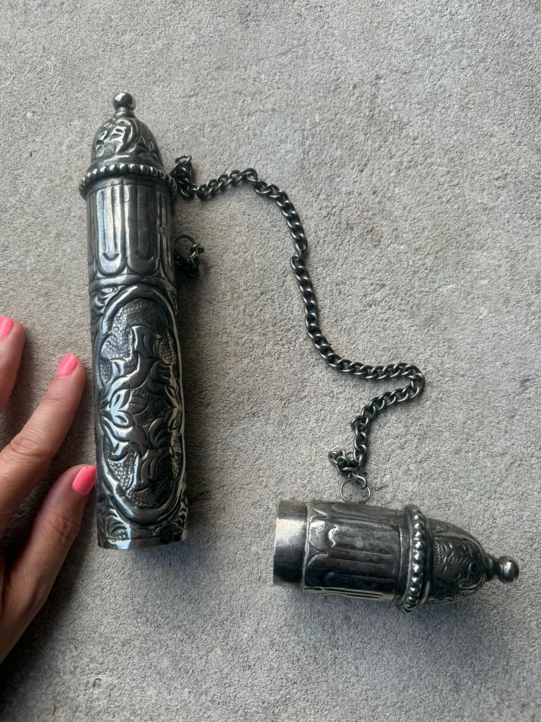 Ornate Sterling Silver Scent Holder Case with Chain - photo 3