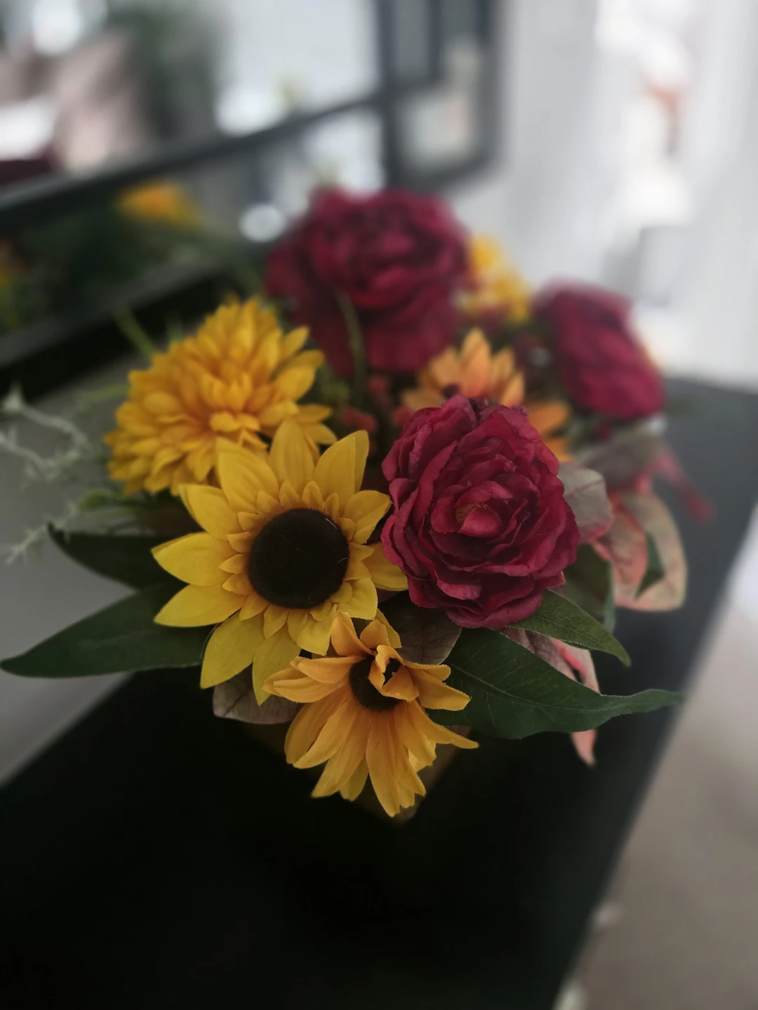 Fall faux flowers arrangement in gold planter - photo 3