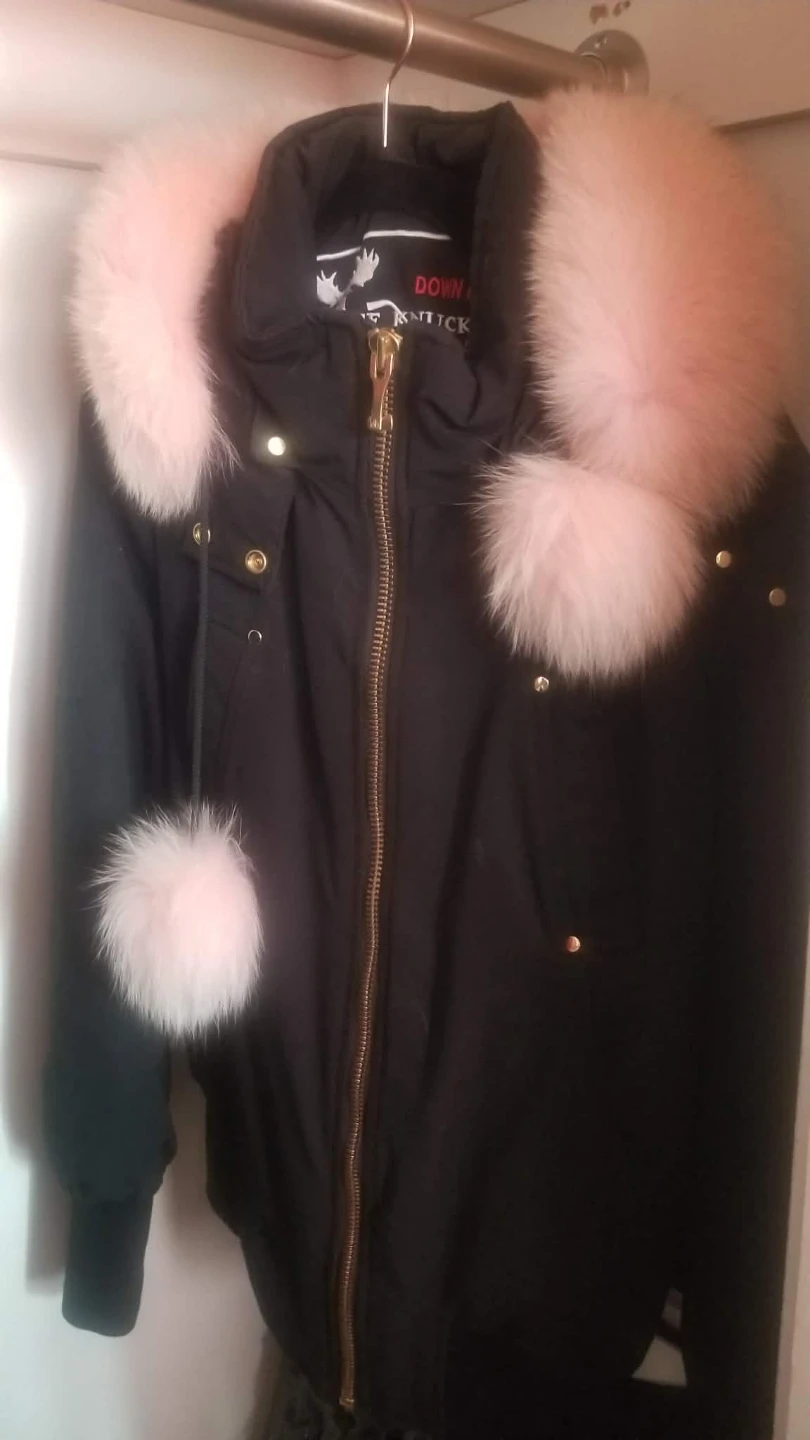 Moose Knuckles Black Down Parka with Pink Fox Fur Trim