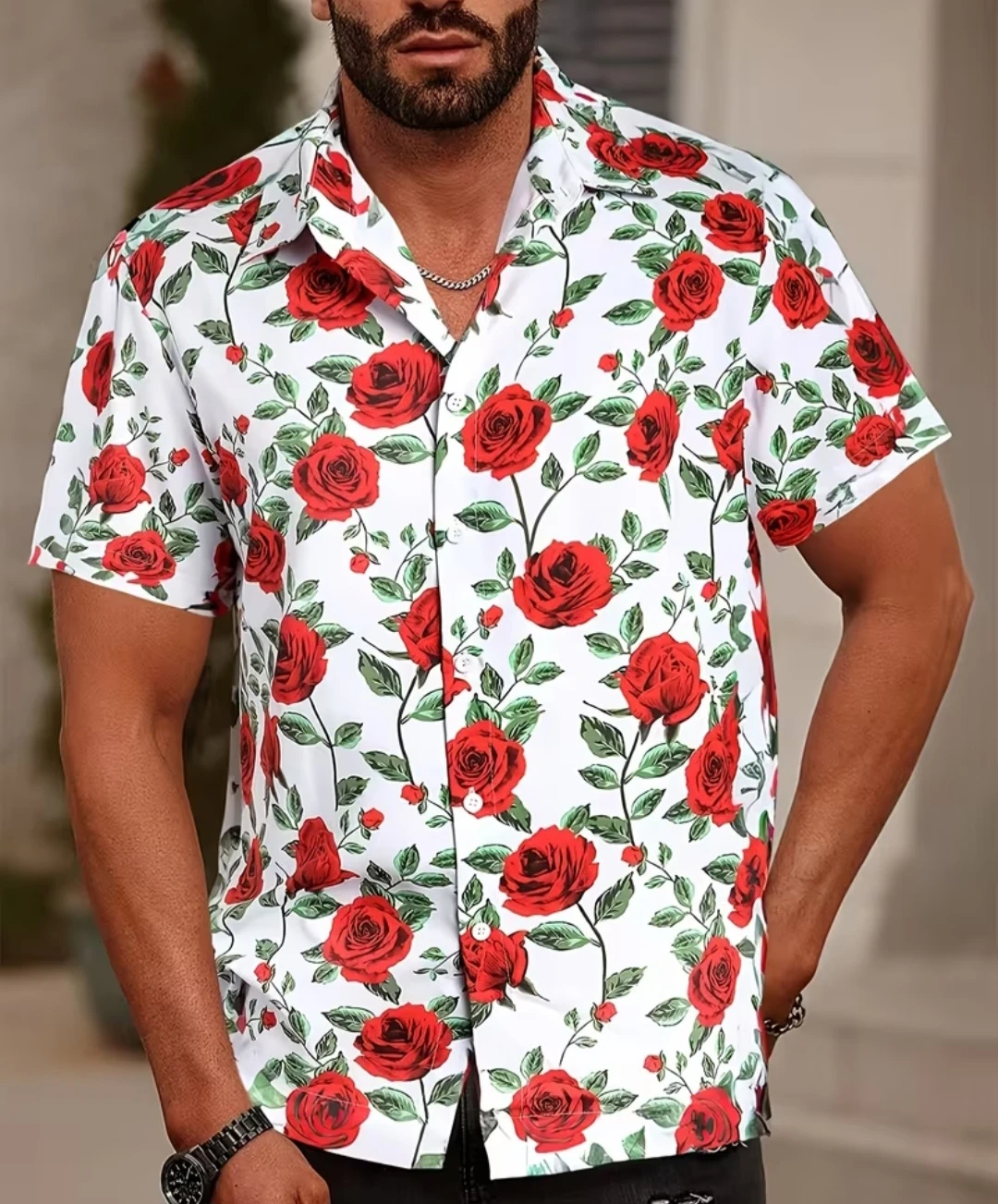 Men's Short Sleeve Rose Print Button-Up Shirt