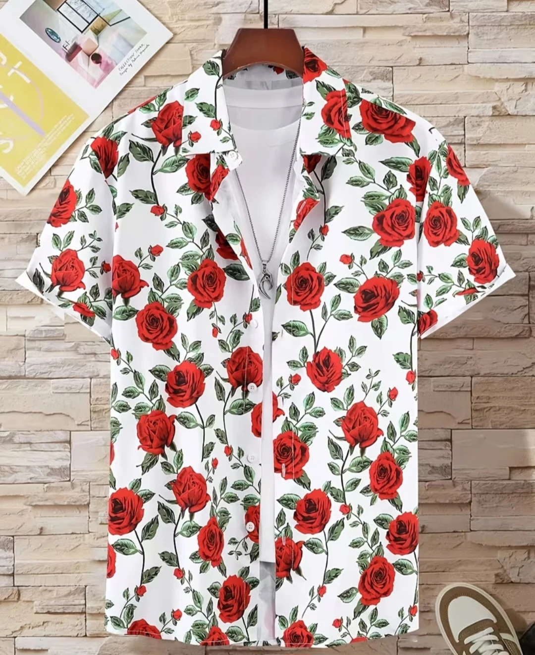 Men's Short Sleeve Rose Print Button-Up Shirt - photo 2