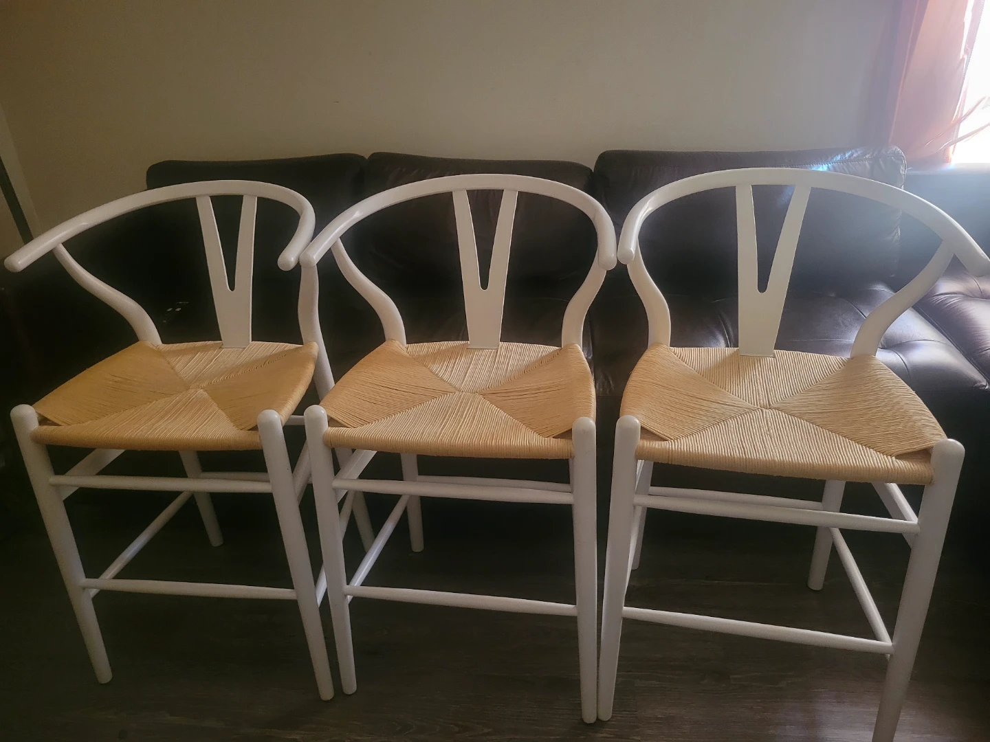 Three white counter height bone style chairs with woven seats - photo 2