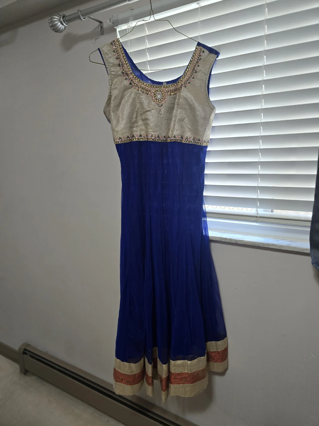 Blue and Gold Embellished Anarkali Dress Size 42
