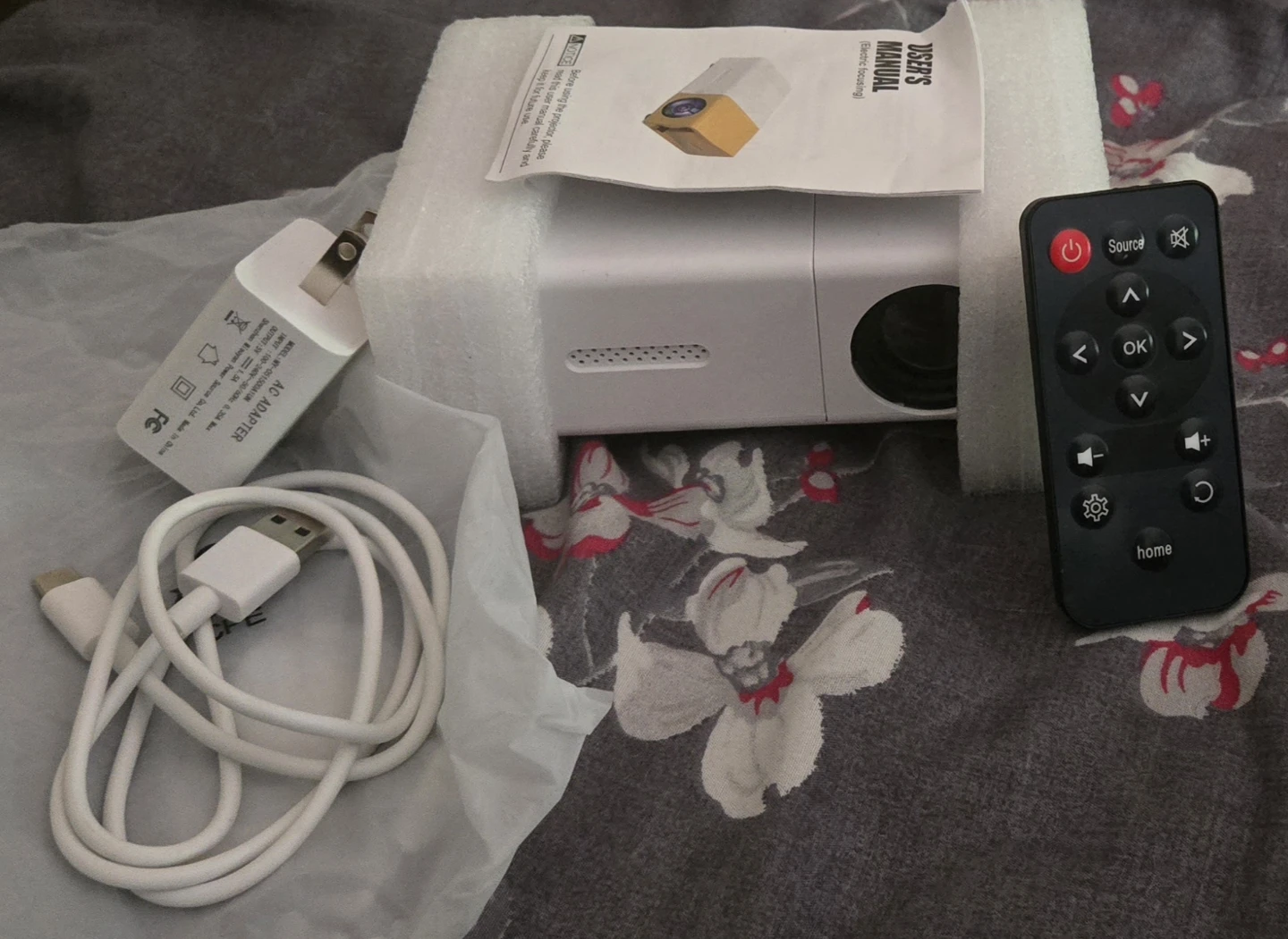 White Mini Projector with Remote and AC Adapter